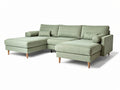 **Technische titel in het Nederlands:** Moderne groene hoekbank met houten poten en gestoffeerd design