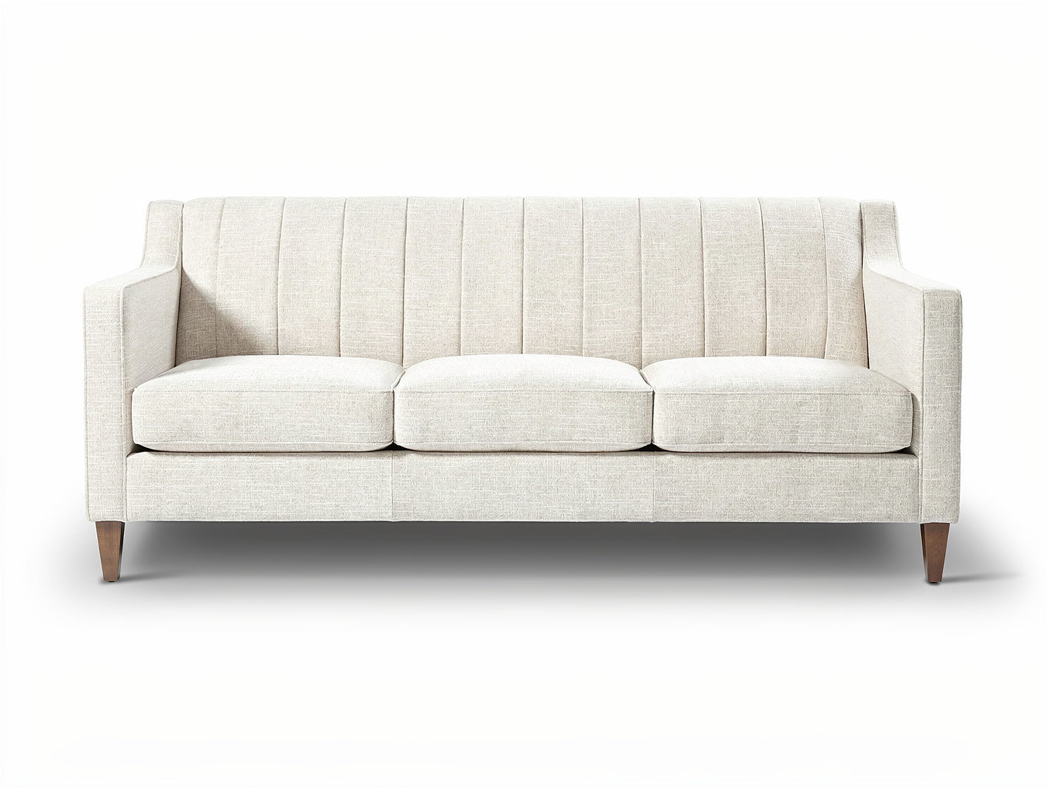 **Titel in het Nederlands: Elegant lichtbeige bank met gestreepte bekleding en houten poten**