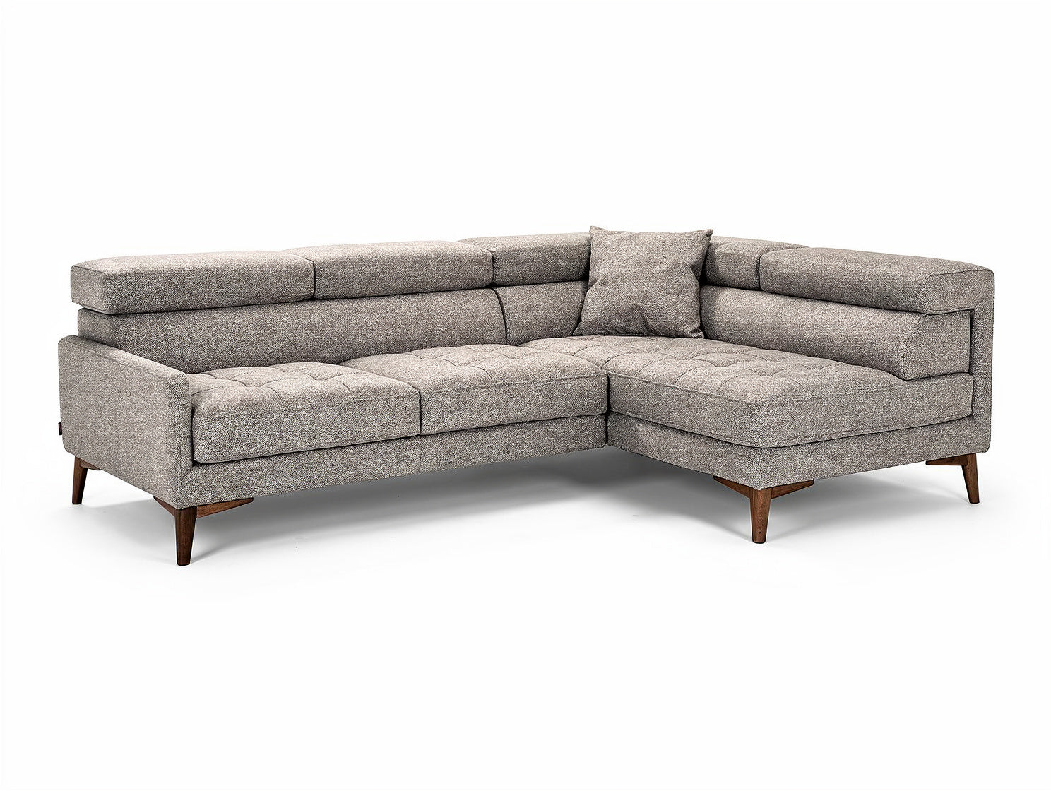 **Technische titel in het Nederlands:** Hoekbank met stofbekleding en houten poten, moderne stijl.